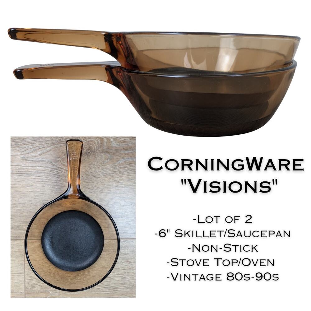 CorningWare VISIONS Amber 6" Skillet Saucepan Non Stick Glass Lot of 2 0.5L VTG